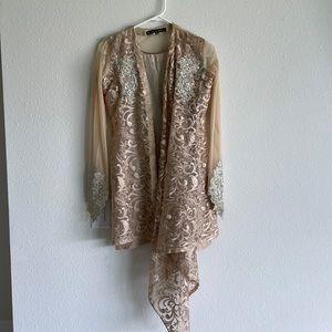 Beige and blue pants and a-line gown/kameez.